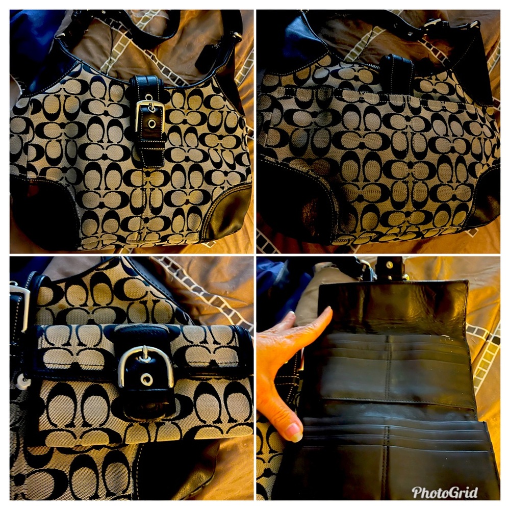 Coach leather and canvas monogram black and grey handbag with matching wallet